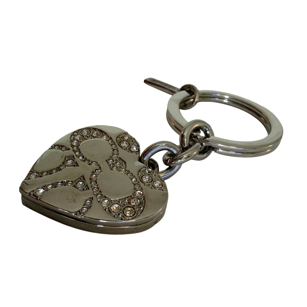 Coach Silver Heart Locket Keychain Crystal C Logo Bag Charm